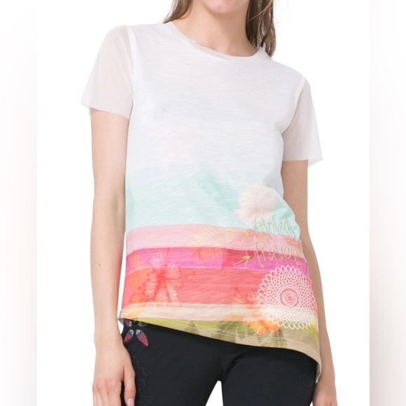 Desigual Women’s Asymmetrical Short Sheer Sleeve Tee - Made in Spain - L - Picture 2 of 11